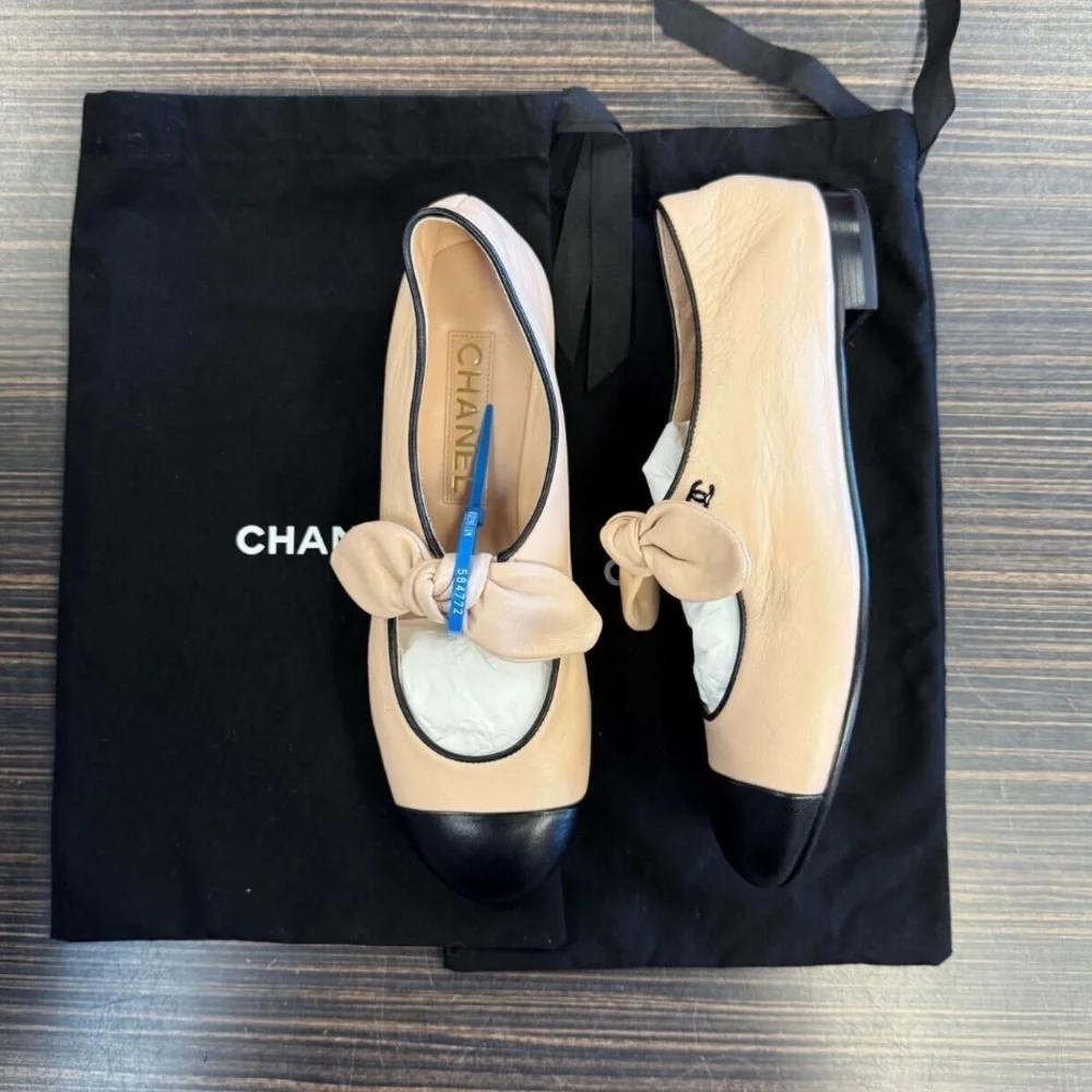 CHANEL Nude and Black Flats with Bow Mary Jane Strap 37